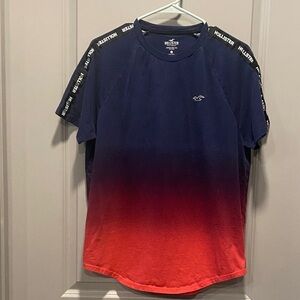 Hollister Men’s Navy & Red Gradient Tee | Size Large | Curved Hem | 100% Cotton